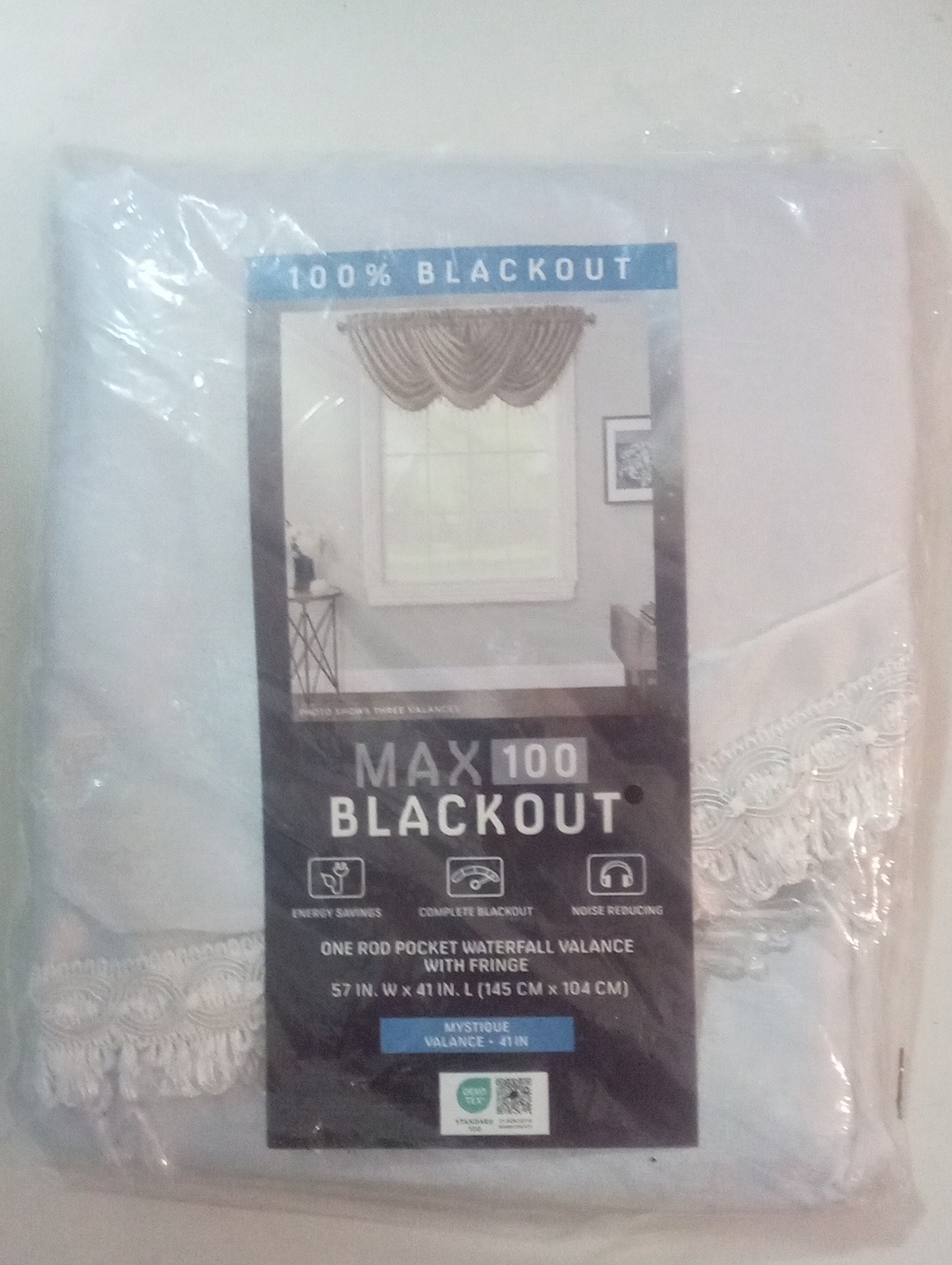 Max100 Blackout Waterfall Valance with Fringe And Beads White NWT $55